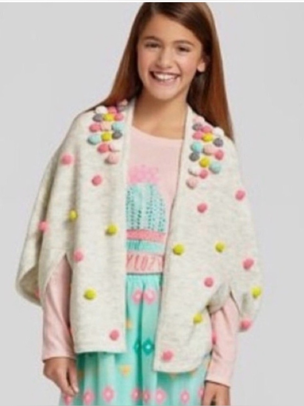 Girls Cat & Jack Pom Pom Poncho Size S/M.